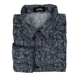 JOGAL Men’s XL Shirt Paisley Long Sleeve Button Up black White AOP 100% Cotton‎